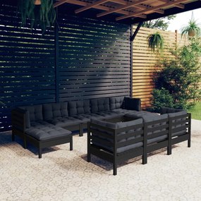 3097143 vidaXL Set mobilier de grădină cu perne 10 piese negru lemn masiv pin