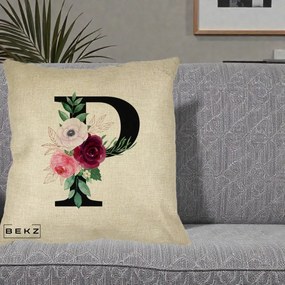 Cadou Personalizat - Perna Personalizata Monograma Florala Litera P, 40x40 cm, Crem, Husa Detasabila, Perna Inclusa, BEKZ®