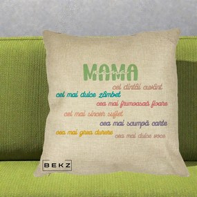 Cadou pentru Mama - Perna Personalizata Mama Cel Dintai Cuvant cu Text Colorat Multicolor, 40x40 cm, Crem, Husa Detasabila, Perna Inclusa, BEKZ®