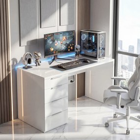 HOMCOM Birou Compact, 110x61.5x75 cm Birou Modern cu 4 Sertare, Masă pentru Computer, Cameră și Birou, Alb Lucios | Aosom Romania