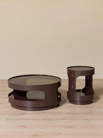 Măsuță de cafea din sticlă și metal, rotundă, cu structură cilindrică și decupaje laterale, maro antichizat, finisaj mat, 70×32 cm, „Onyru"