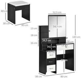 HOMCOM Set de coafare masă de machiaj cu taburet căptușit oglindă mare + mai multe rafturi deschise + 4 sertare alb negru | Aosom Romania