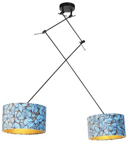Lampă suspendată neagră cu abajururi din catifea cu fluturi aurii 35 cm cu 2 lumini - Blitz