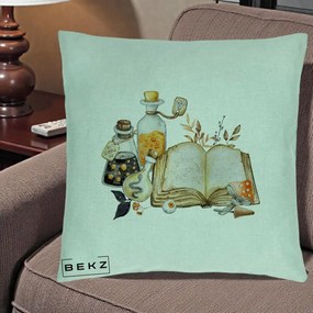 Perna Decorativa Grimoire Vrajitoare si Filtre Magice Halloween, 40x40 cm, Verde Menta, Husa Detasabila, Perna Inclusa, BEKZ®