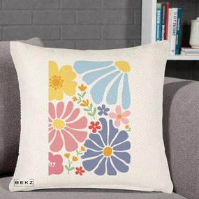 Perna Decorativa Flori Grafice Pastel Multicolor, 40x40 cm, Crem Reliefat, Husa Detasabila, Perna Inclusa, BEKZ®