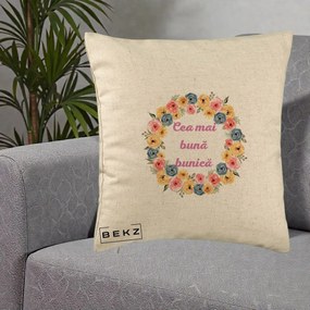 Cadou pentru Bunica - Perna Personalizata Cea Mai Buna Bunica Coronita Flori Multicolore, 40x40 cm, Bej, Husa Detasabila, Perna Inclusa, BEKZ®
