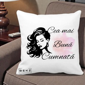 Cadou pentru Cumnata - Perna Personalizata Cea mai Buna Cumnata cu Silueta Dama si Pete Roz, 40x40 cm, Alba Mata, Husa Detasabila, Perna Inclusa, BEKZ®