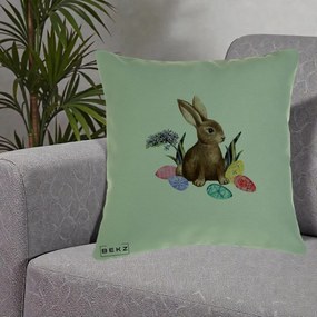 Perna Decorativa Iepuras cu Oua de Pasti Acuarela, 40x40 cm, Verde, Husa Detasabila, Perna Inclusa, BEKZ®
