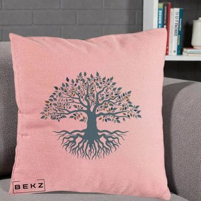 Perna Decorativa Copacul Vietii Teal cu Radacini, 40x40 cm, Roz, Husa Detasabila, Perna Inclusa, BEKZ®