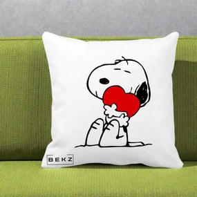 Perna Personalizata Snoopy cu Inima, 40x40 cm, Alba Mata, Husa Detasabila, Perna Inclusa, BEKZ®