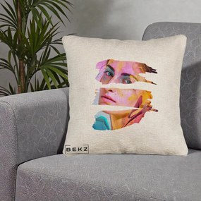 Perna Decorativa Portret Femeie Fragmentat Colorat, 40x40 cm, Bej Canapea, Husa Detasabila, Perna Inclusa, BEKZ®