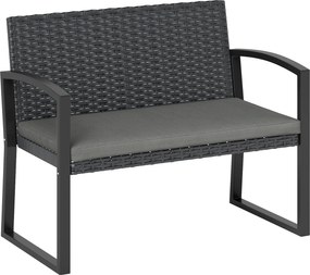 Outsunny Banc de grădină 2 locuri, banc de exterior din resină împletită PE cu pernă, oțel galvanizat, 103x58x78cm, gri și negru | Aosom Romania