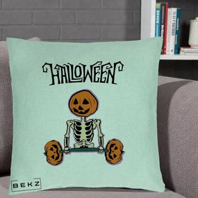 Perna Decorativa Halloween Schelet cu Cap de Dovleac Powerlifting, 40x40 cm, Verde Menta, Husa Detasabila, Perna Inclusa, BEKZ®