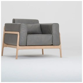 Fotoliu din piele bovină cu structură din lemn masiv de stejar Gazzda Fawn, gri închis