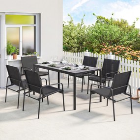 Outsunny Set mobilier de grădină - grup de șezut cu masă 150 x 80cm și 6 scaune respirabile, aspect lemn, cadru din oțel, Negru | Aosom Romania