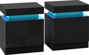 HOMCOM Set 2 Noptiere cu LED și 4 Moduri, 2 Sertare, Lemn, 45x35x52 cm, Negru Lucios | Aosom Romania