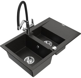 Mexen Gaspar Chiuvetă de granit de 1,5 compartiment cu picurător și baterie de bucătărie Duo, Neagră/Auriu metalic - 6507-75-671