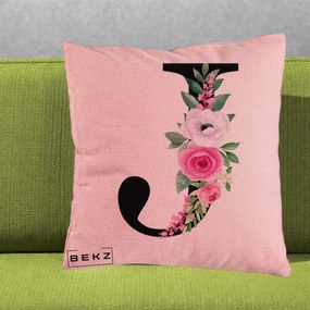Cadou Personalizat - Perna Personalizata Monograma Florala Litera J, 40x40 cm, Roz, Husa Detasabila, Perna Inclusa, BEKZ®