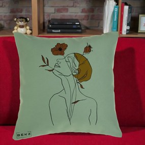 Perna Decorativa Portret Feminin Mac Privire Inalta, 40x40 cm, Verde, Husa Detasabila, Perna Inclusa, BEKZ®