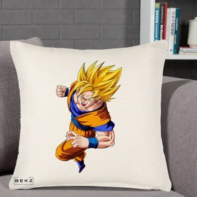 Perna Personalizata Dragon Ball Goku Super Saiyan 2 Lupta, 40x40 cm, Crem Reliefat, Husa Detasabila, Perna Inclusa, BEKZ®