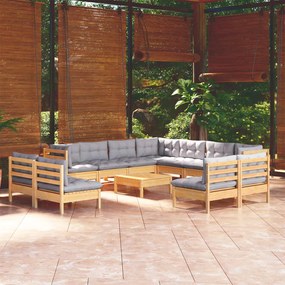 3096868 vidaXL Set mobilier de grădină cu perne, 12 piese, gri, lemn masiv pin