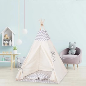 Cort copii stil indian Teepee Tent ZigZag Grey, include covoras gros si 2 perne, stabilizator cadou