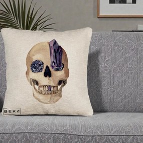 Perna Decorativa Craniu cu Cristale de Ametist, 40x40 cm, Bej Canapea, Husa Detasabila, Perna Inclusa, BEKZ®