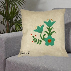 Perna Decorativa Flori Stilizate Folk Turcoaz, 40x40 cm, Crem, Husa Detasabila, Perna Inclusa, BEKZ®