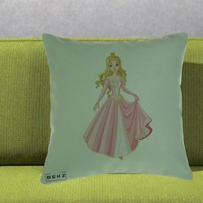 Perna Decorativa Printesa Aurora Rochie Roz, 40x40 cm, Verde, Husa Detasabila, Perna Inclusa, BEKZ®
