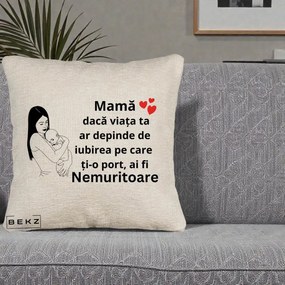 Cadou pentru Mama - Perna Personalizata Mama Nemuritoare Linie, 40x40 cm, Bej Canapea, Husa Detasabila, Perna Inclusa, BEKZ®