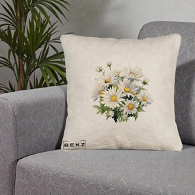 Perna Decorativa Buchet Margarete Albe Acuarela, 40x40 cm, Bej Canapea, Husa Detasabila, Perna Inclusa, BEKZ®
