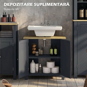 Kleankin Dulap Depozitare Chiuvetă Picior Uși Duble Raft 60x30x60cm Gri | Aosom Romania