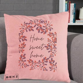 Perna Decorativa Home Sweet Home Frunze Colorate, 40x40 cm, Roz, Husa Detasabila, Perna Inclusa, BEKZ®