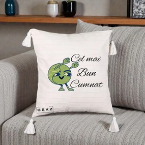 Cadou pentru Cumnat - Perna Personalizata Cel mai Bun Cumnat cu Personaj Funny Verde, 40x40 cm, Bej cu Franjuri, Husa Detasabila, Perna Inclusa, BEKZ®
