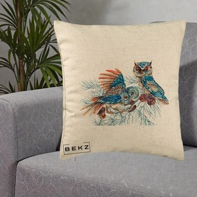Perna Decorativa Bufnite de Iarna Albastre, 40x40 cm, Bej, Husa Detasabila, Perna Inclusa, BEKZ®