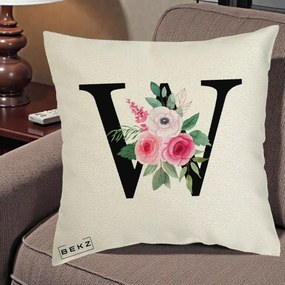 Cadou Personalizat - Perna Personalizata Monograma Florala Litera W cu Trandafiri si Anemona, 40x40 cm, Ecru, Husa Detasabila, Perna Inclusa, BEKZ®