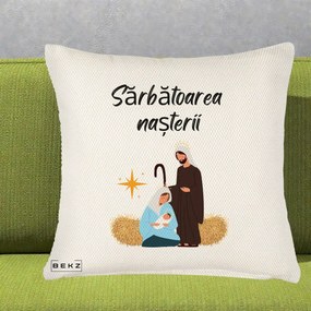 Perna Decorativa Nasterea Domnului Sfanta Familie Sarbatoarea Nasterii, 40x40 cm, Crem Reliefat, Husa Detasabila, Perna Inclusa, BEKZ®