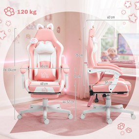 HOMCOM Scaun de Gaming Ergonomic cu Urechi de Pisică, Suport pentru Picioare și Suport Lombar, 65x62x116-124 cm, Roz | Aosom Romania