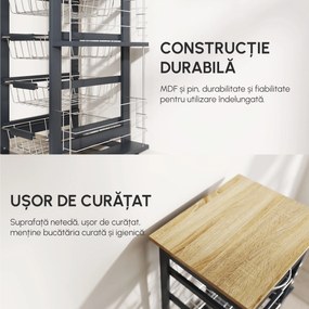 HOMCOM Cărucior de Bucătărie Gri Închis, 1 Sertar, 4 Coșuri Metalice, 2 Etajere, MDF, Lemn de Pin, Metal, 47x37x83cm | Aosom Romania