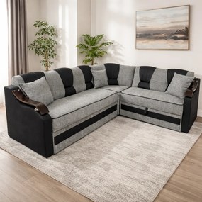 Coltar VALAHIA extensibil, lada de depozitare, stofa gri inchis cu gri deschis, 270x220x90 Gri + Negru