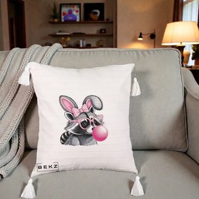 Perna Decorativa Raton cu Urechi de Iepure si Guma de Mestecat, 40x40 cm, Bej cu Franjuri, Husa Detasabila, Perna Inclusa, BEKZ®