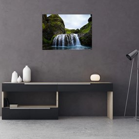Tablou pe sticlă - Stânci cu cascadă (70x50 cm)
