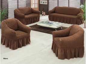 Set huse elastice si creponate pentru canapea 3 locuri, canapea 2 locuri si 1 fotoliu, cu volanas, Maro
