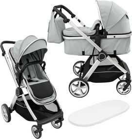 Carucior copii 2 in 1 Kidizi Moveo gri, landou transformabil in parte sport, cadru silver, de la nastere pana la 22 kg (0–4 ani), saltea si geanta incluse