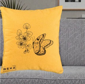 Perna Decorativa Fluture si Flori Linie Monocroma, 40x40 cm, Galben, Husa Detasabila, Perna Inclusa, BEKZ®