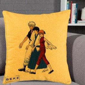 Perna Personalizata Gintama Trio Gintoki Shinpachi Kagura, 40x40 cm, Galben, Husa Detasabila, Perna Inclusa, BEKZ®