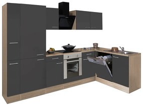 Mobilă de bucătărie de colț Yorki 310, corp din stejar sonoma, față antracit satinat cu element inferior al cuptorului, dulap cu raft