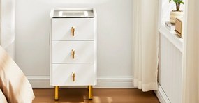 NOA1 - Set 2x Noptiere Smart, 30 cm, cu 3 sertare, LED, USB, Bluetooth, Incarcator Wireless, mobilier dormitor - Alb