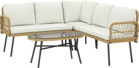 Outsunny Set Mobilier Grădină din Ratan, 4 Piese în Formă de L, cu 2 Canapele, Colțar, Măsuță de Cafea și Perne, Cadru din Oțel, pentru Balcon sau Terasă, Natural/Crem | Aosom Romania