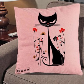 Perna Decorativa Pisica Neagra Grafica Flori Rosii, 40x40 cm, Roz, Husa Detasabila, Perna Inclusa, BEKZ®